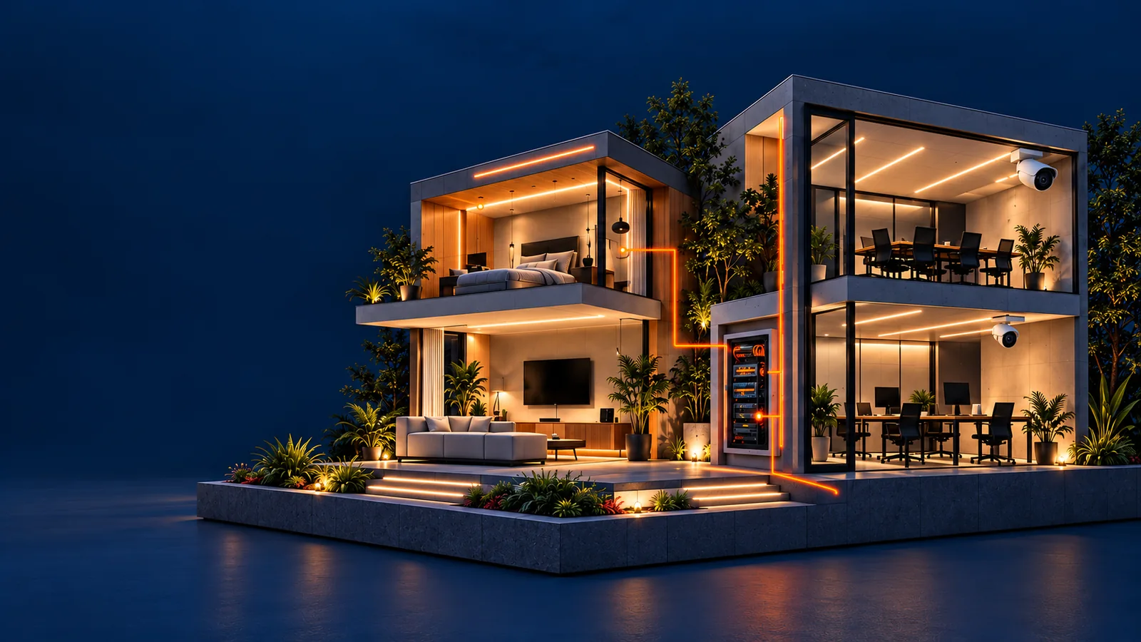 Casa e empresa em uma composição arquitetônica ilustrativa com iluminação, câmeras, som e redes